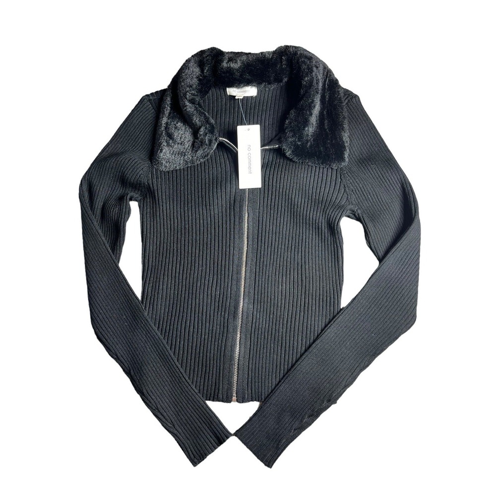 Women's Medium Zip Blouse With Faux Fur Neck NWT Black